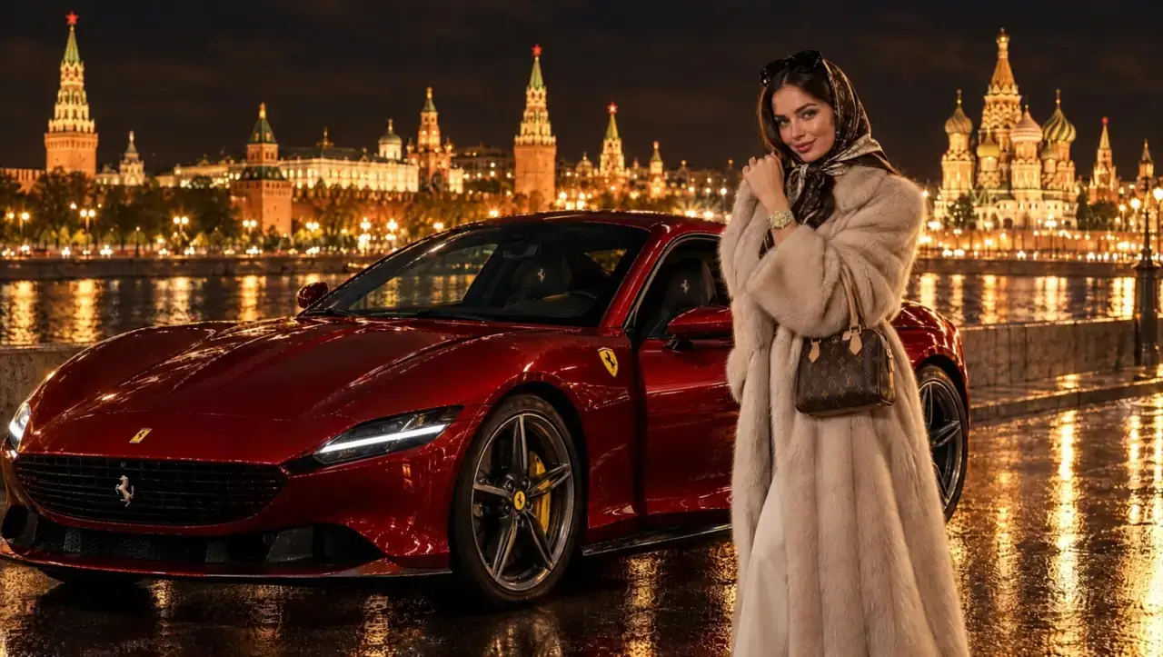 Девушка в шубе показывает часы у красного Ferrari на набережной у Кремля